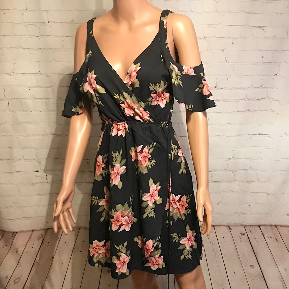 O'Neill Black Floral Cold-Shoulder Dress with Pink Flowers